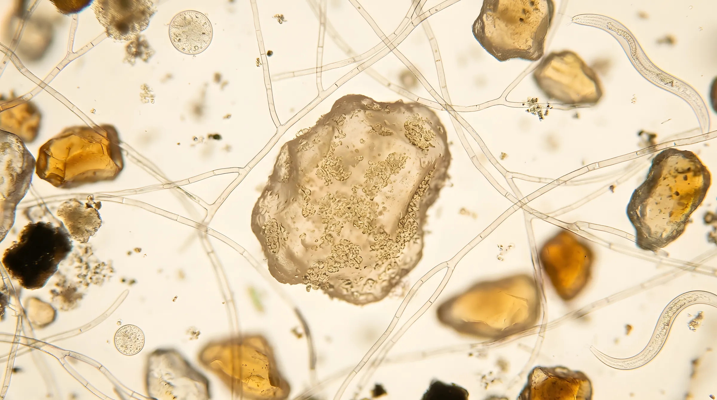 Mikroskopta toprak gözeneği: mantar iplikleri, protozoa, nematod ve bakteri kolonili mineral tane