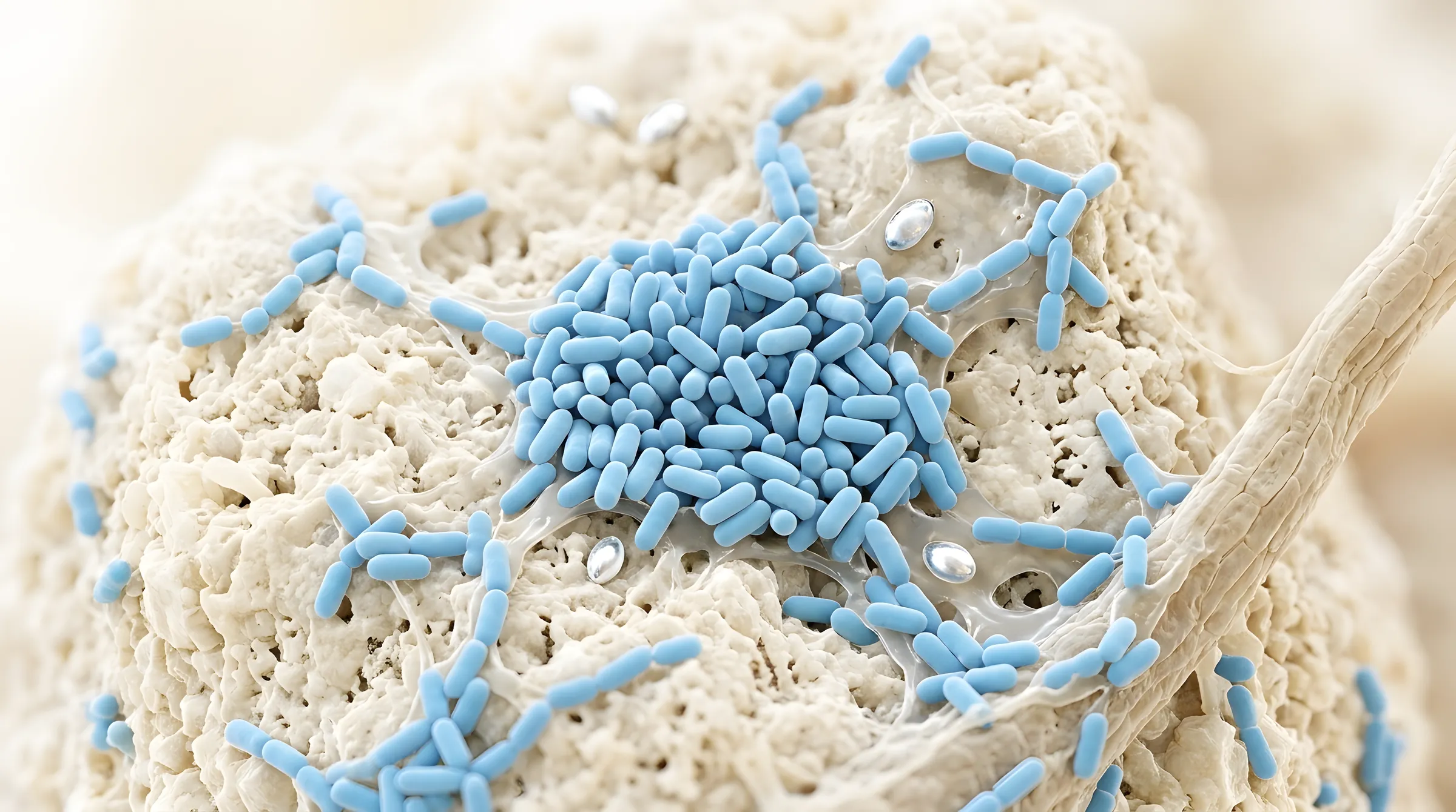 Kök tüyü ve mineral yüzeyinde mavi Bacillus kolonisi ve biyofilm